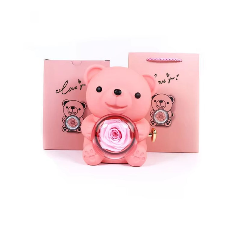 2024 Christmas Gift Set Wholesale Eternal Rose Bear Box Preserved Roses Flowers Jewelry Box for Girlfriend Mothers Day